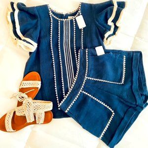 Moon and River-Two Piece Short Set Navy and Cream